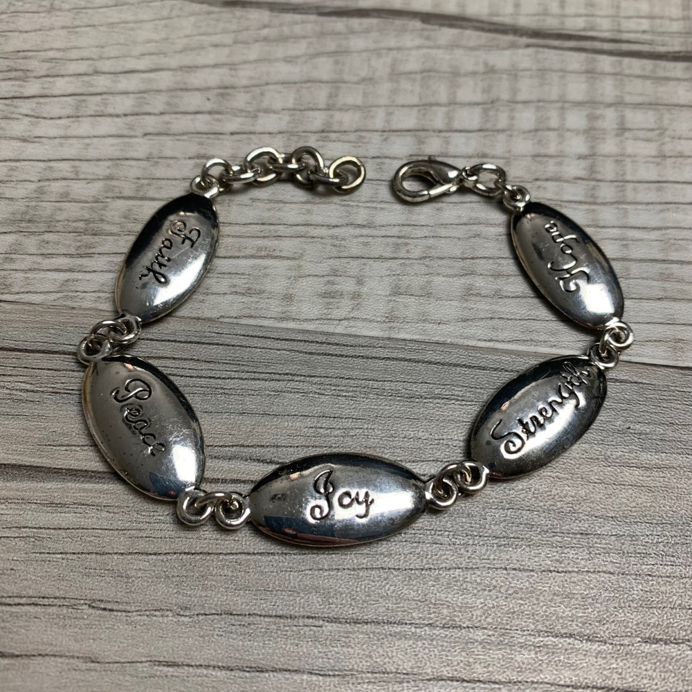 Inspirational Silver Tone Charm Bracelet Faith Hope Strength Joy Peace 7-8.5"